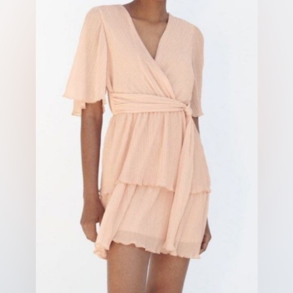 Zara Peach pink light Layered pleated Mini Dress large